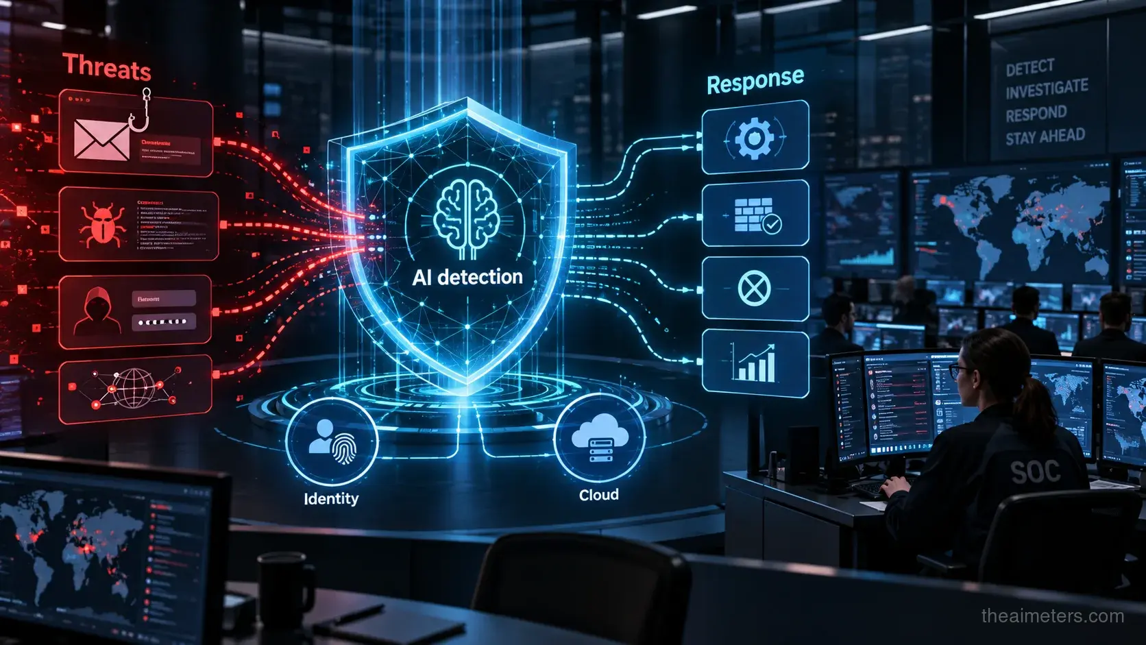 Cybersecurity operations center showing AI detection, threat signals and automated response