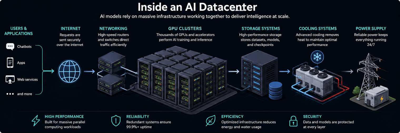 Simplified diagram of AI datacenter infrastructure with GPU clusters, networking, cooling systems and electricity supply