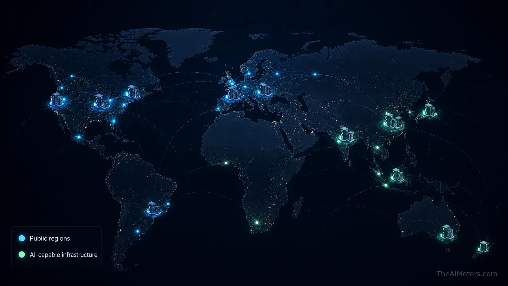 Stylized world map showing public AI-capable data center regions