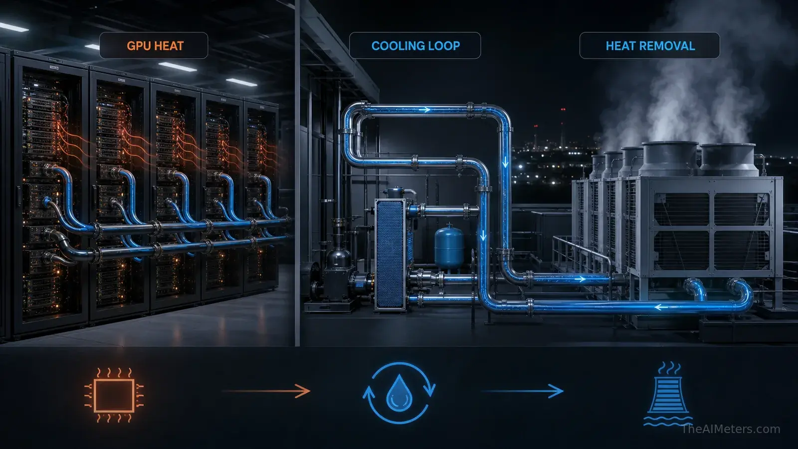 Diagram showing AI datacenter GPU heat being removed through water cooling infrastructure