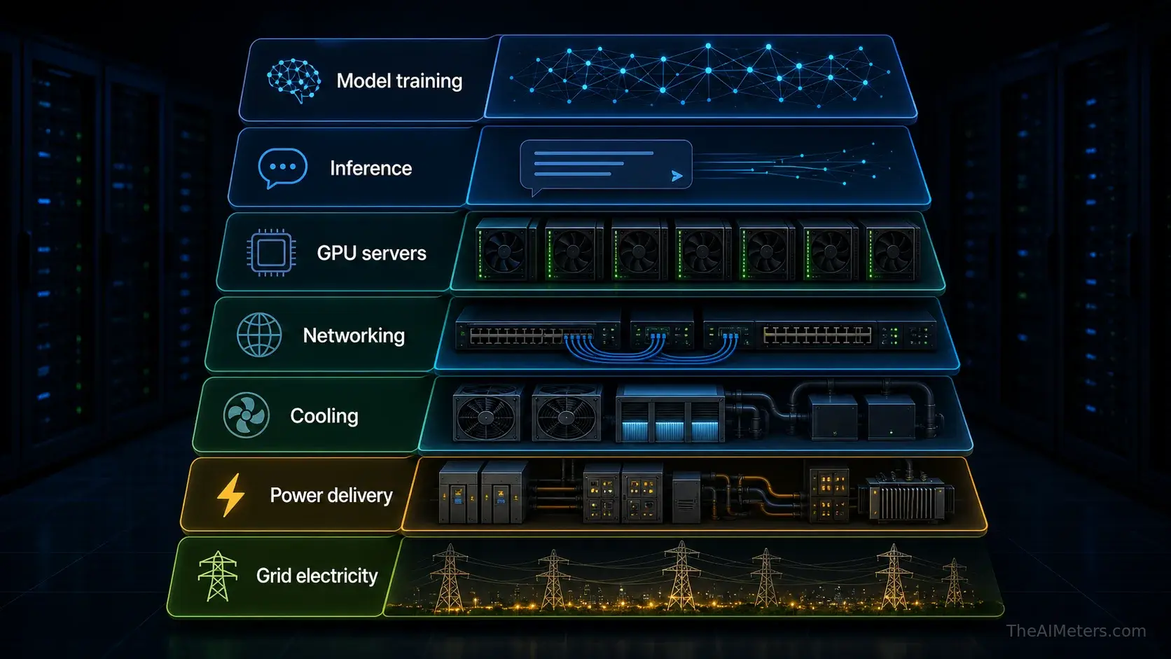 Layered diagram showing model training, inference, GPU servers, networking, cooling, power delivery and grid electricity