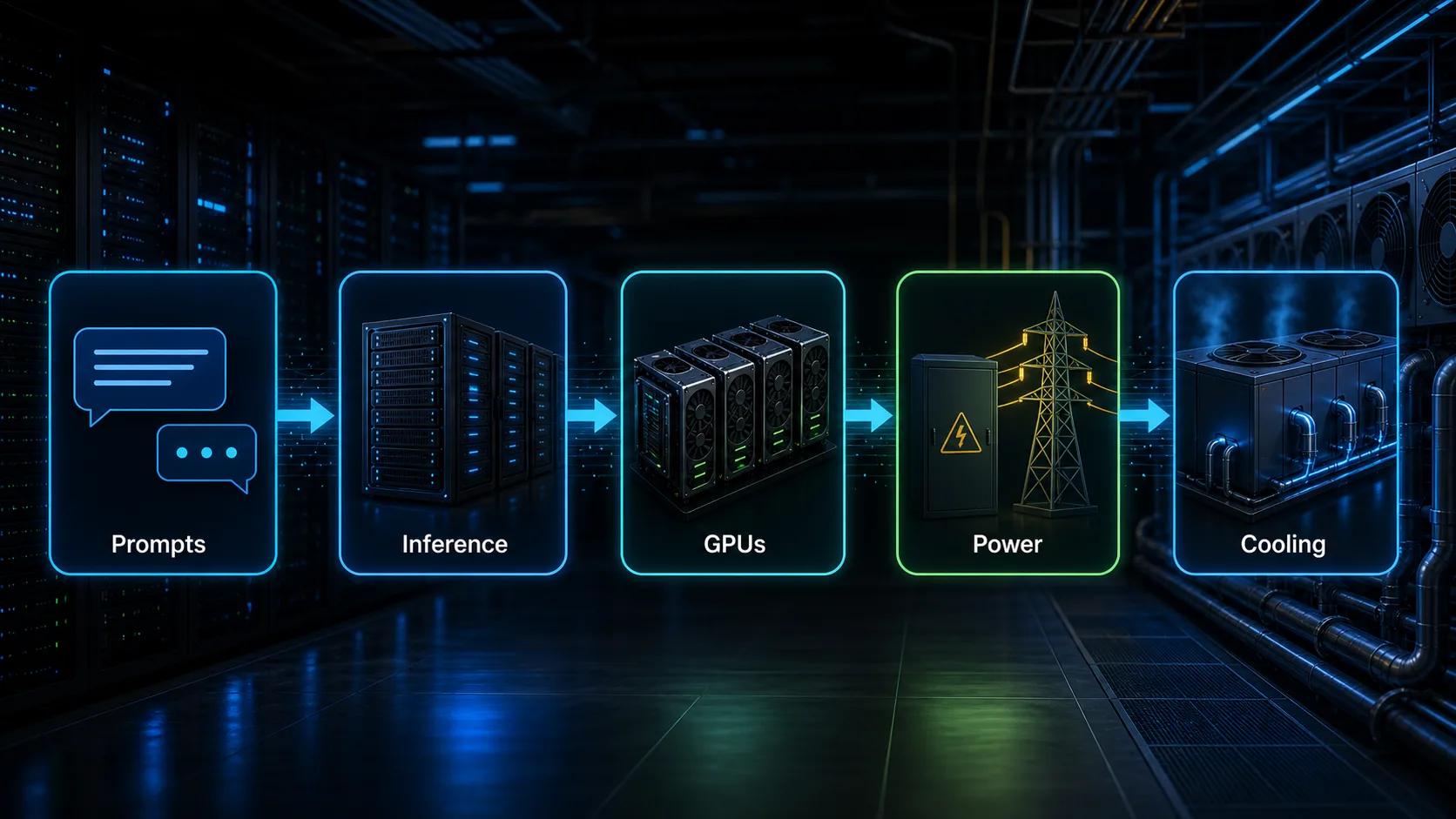 Diagram showing AI users, inference servers, GPU clusters, datacenter power and cooling infrastructure
