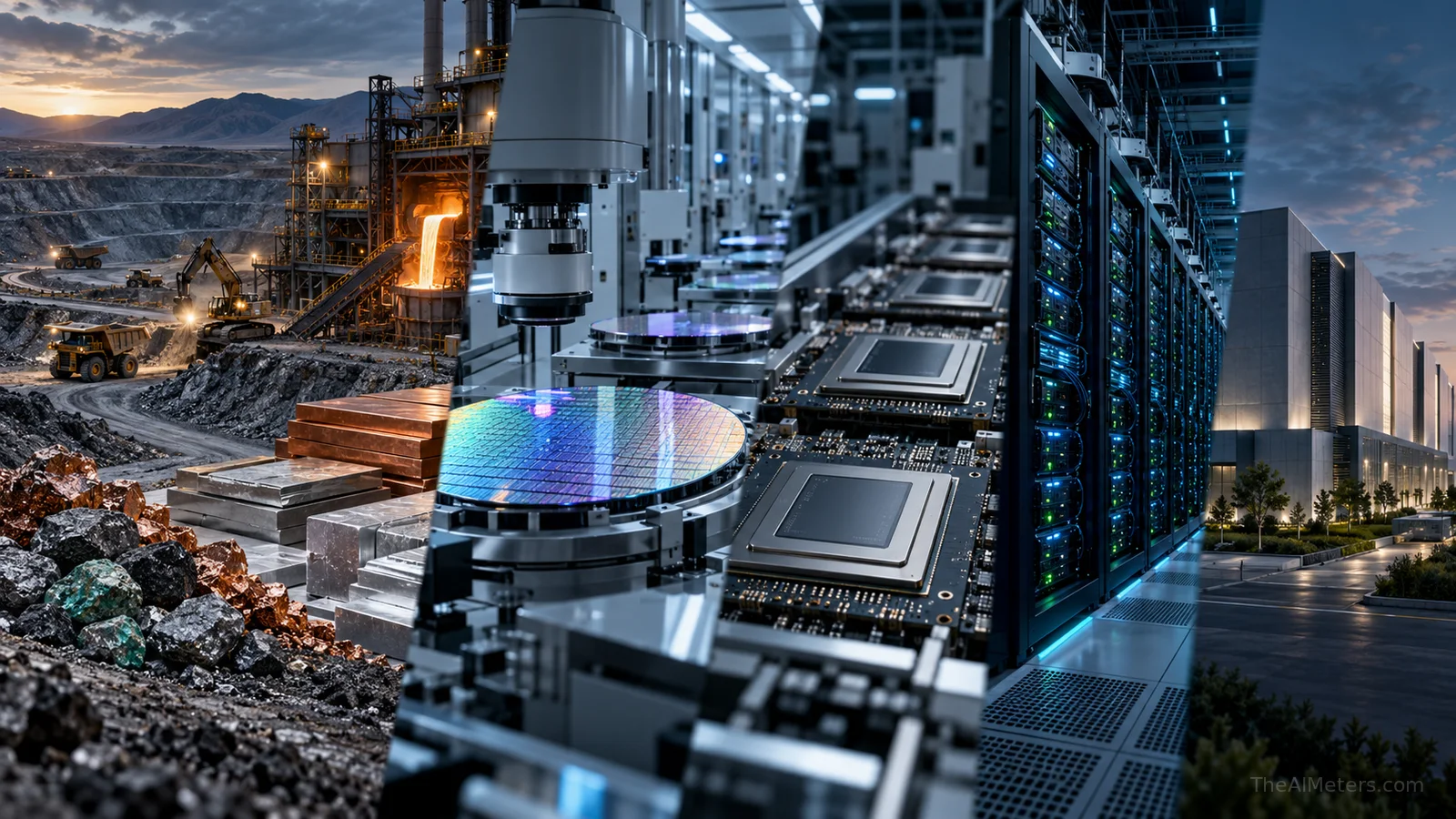 AI material supply chain from mineral extraction and semiconductor manufacturing to chips, servers and datacenters