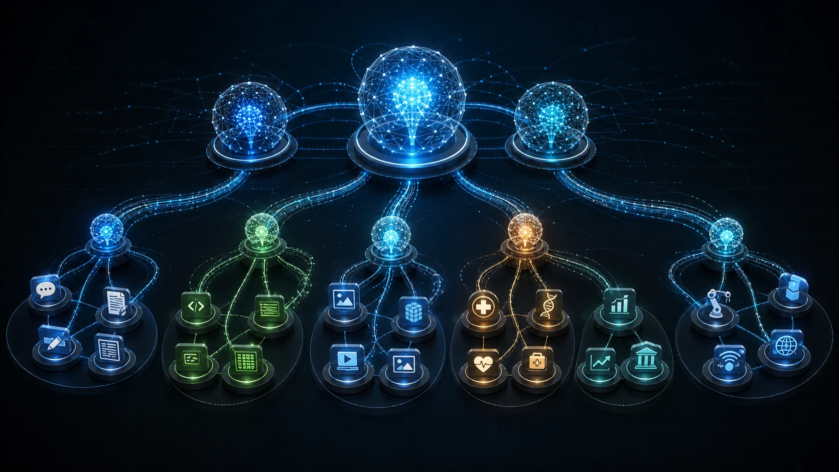 Diagram of an AI model ecosystem with foundation models, fine-tuned variants and specialized applications