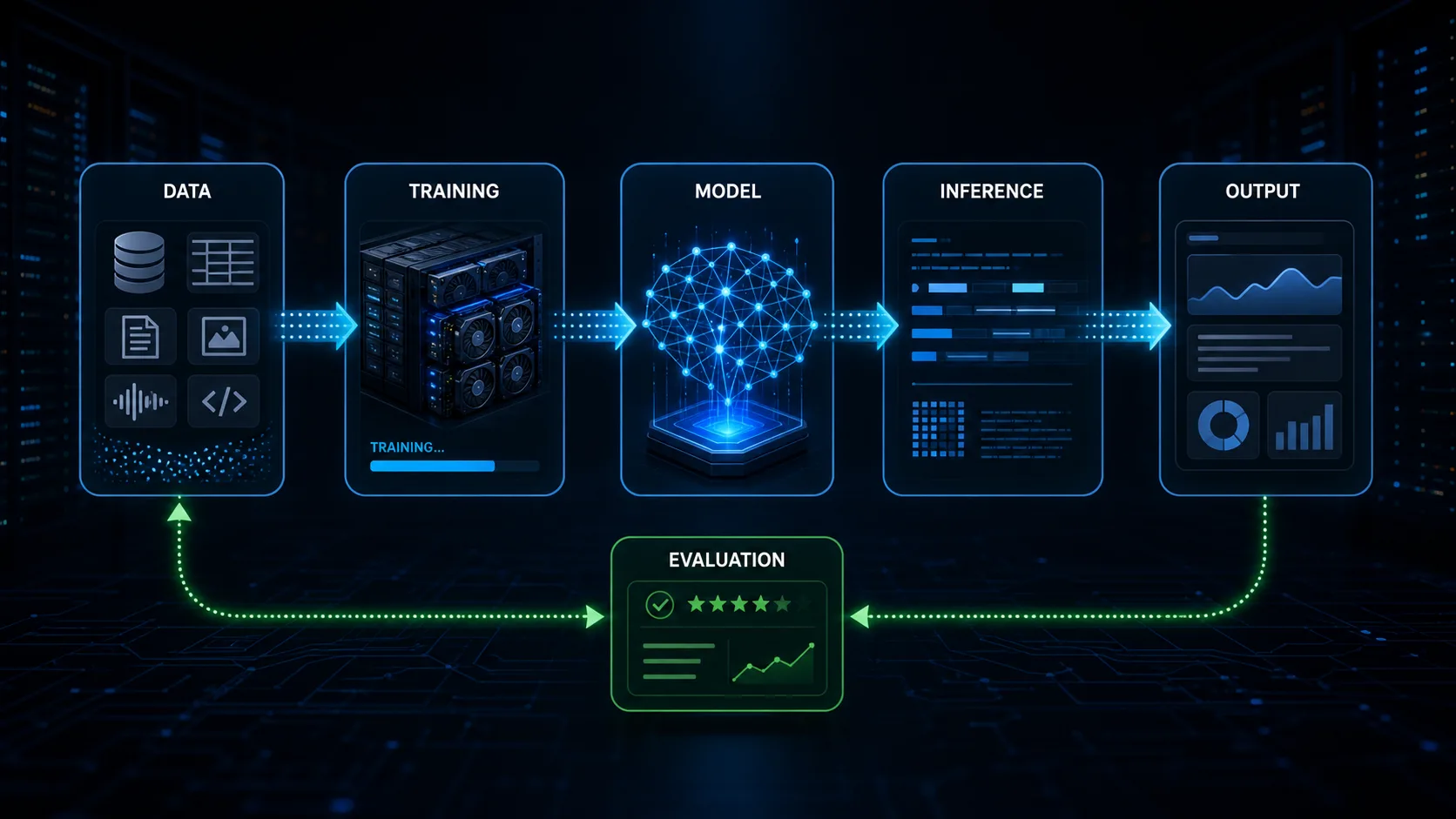 Diagram showing data, training, model, inference and output with an evaluation loop