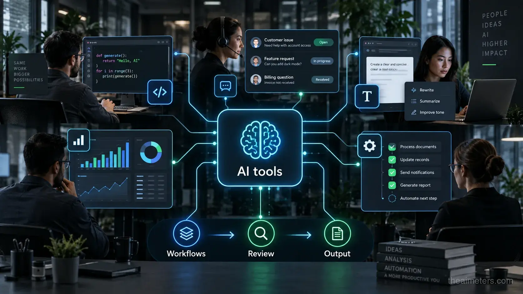 AI productivity illustration showing AI tools connected to coding, support, analytics, documents and workflow automation