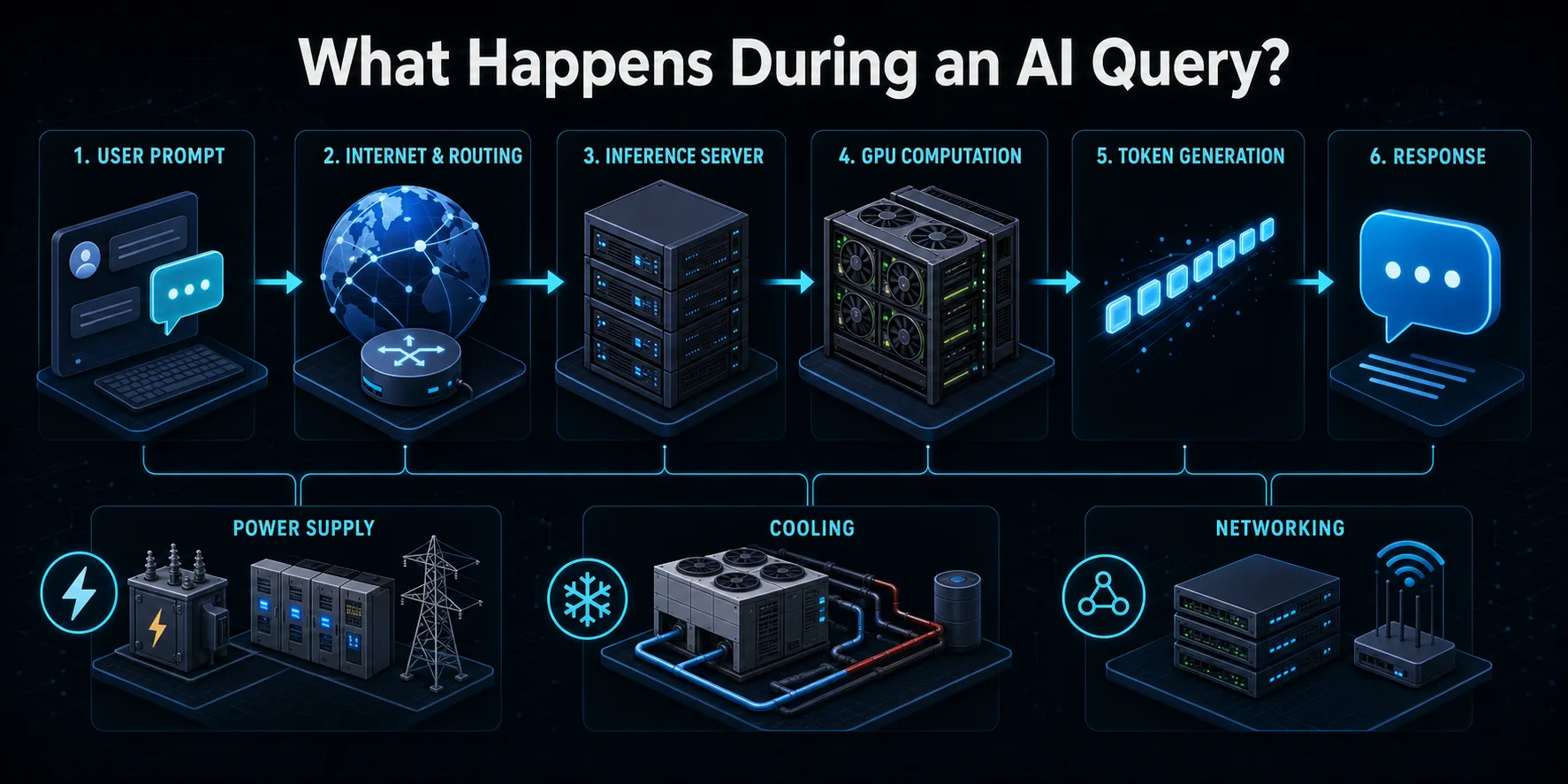 Diagram showing how an AI query travels from a user prompt through networking, inference servers and GPU computation before returning a response