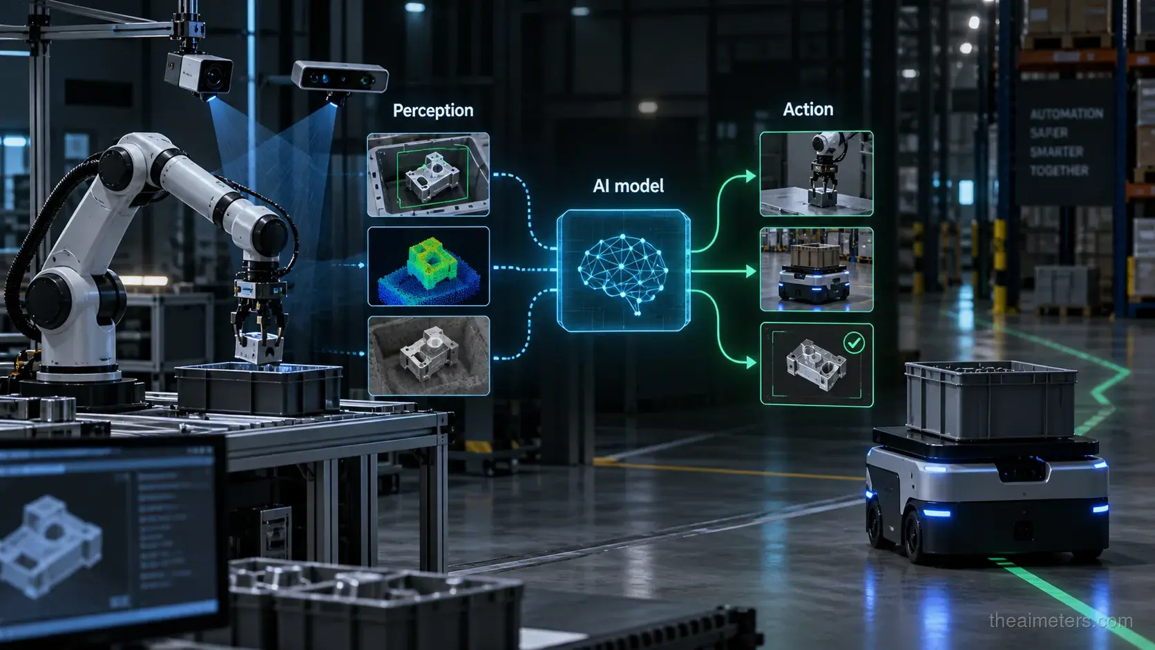 AI robotics illustration showing perception data flowing into an AI model and robot actions