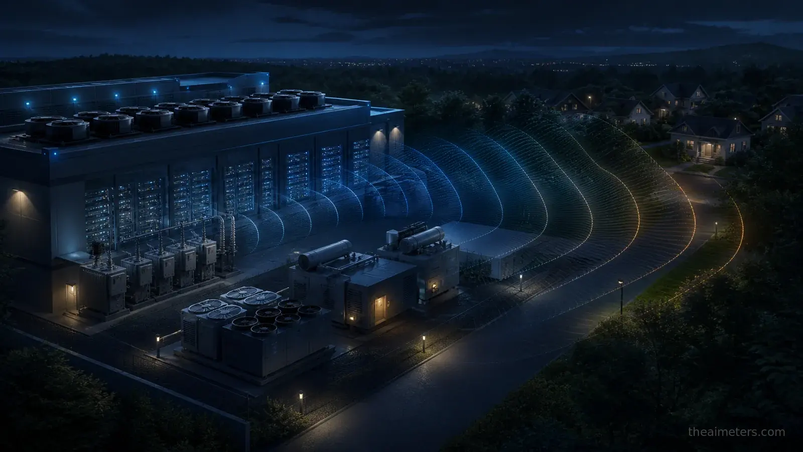 Illustration of sound waves from data center cooling and backup equipment reaching nearby homes