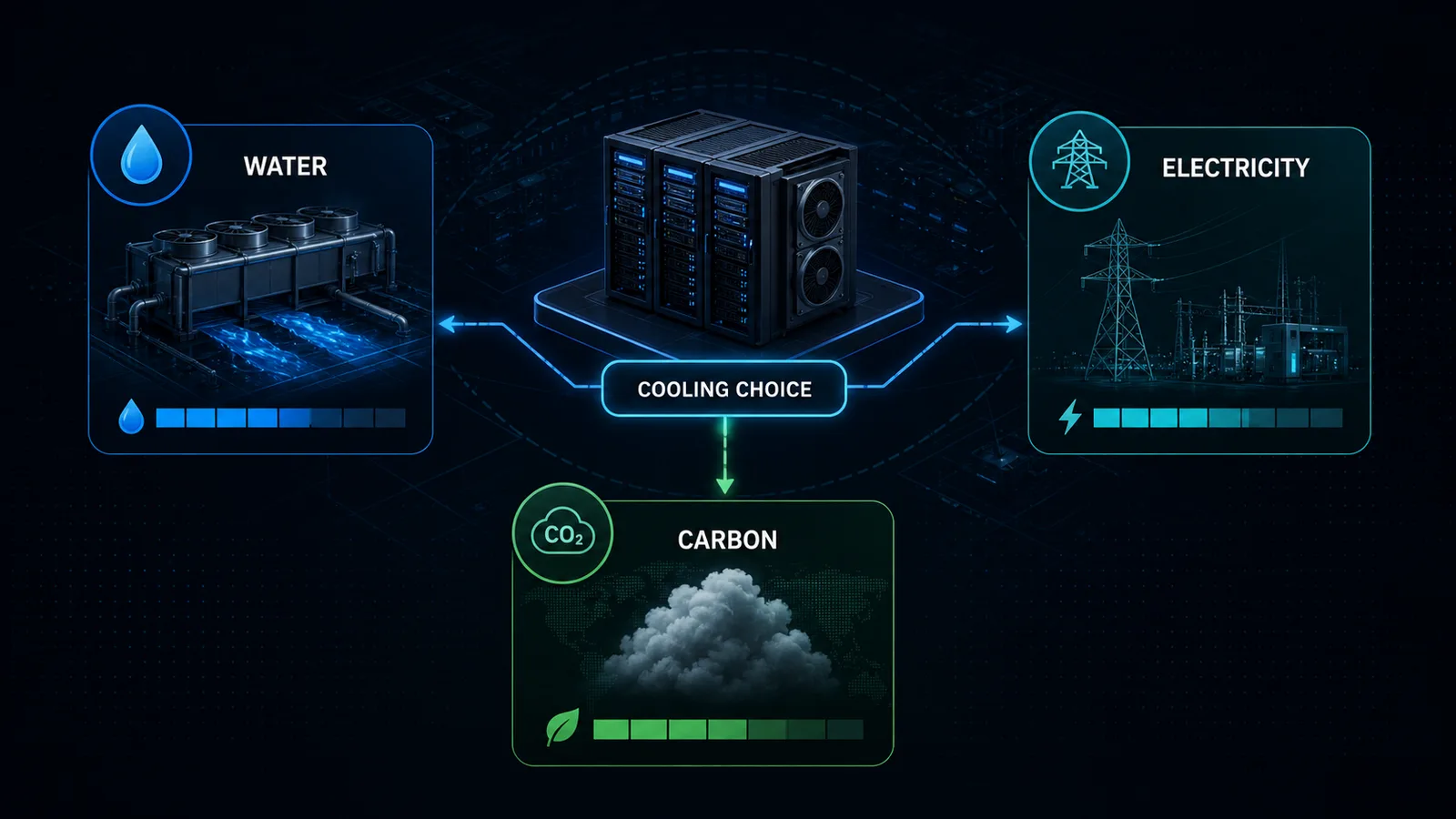 Diagram showing water, electricity and carbon trade-offs in AI datacenter cooling