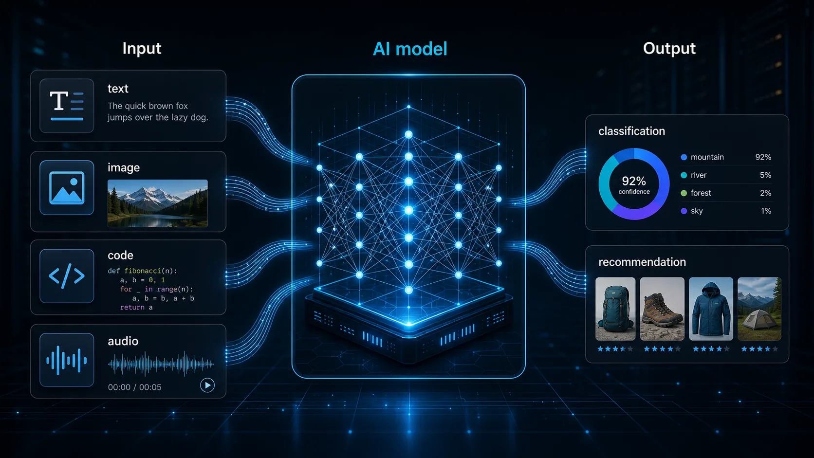 Diagram showing inputs flowing into an AI model and outputs flowing out