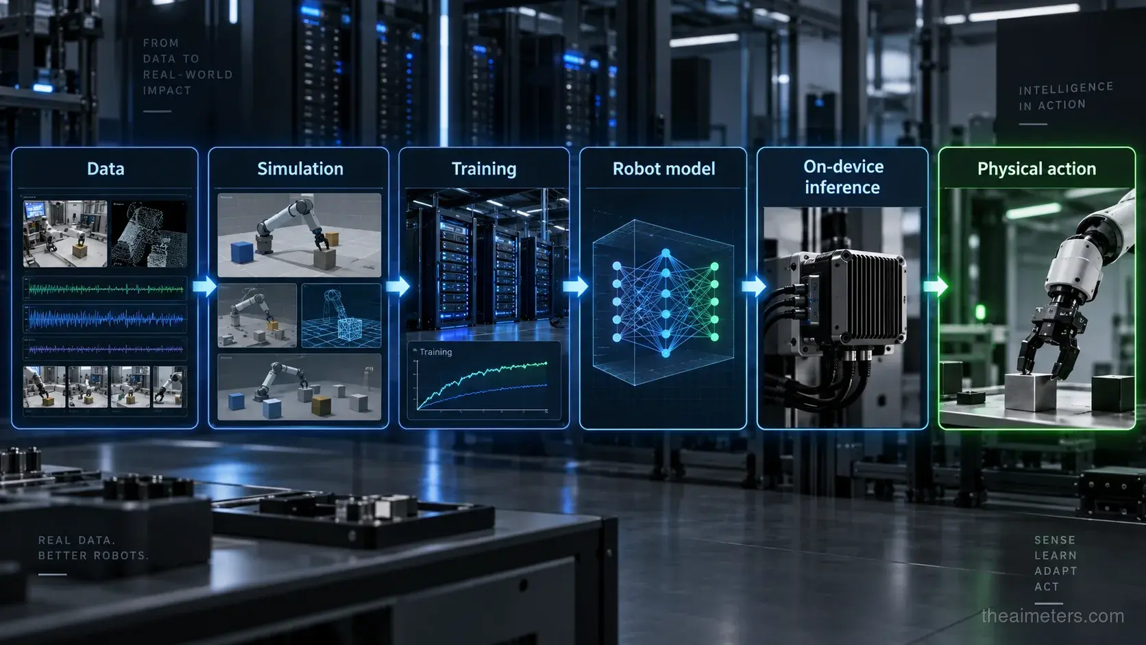 AI robotics workflow from data and simulation to training, robot model, on-device inference and physical action