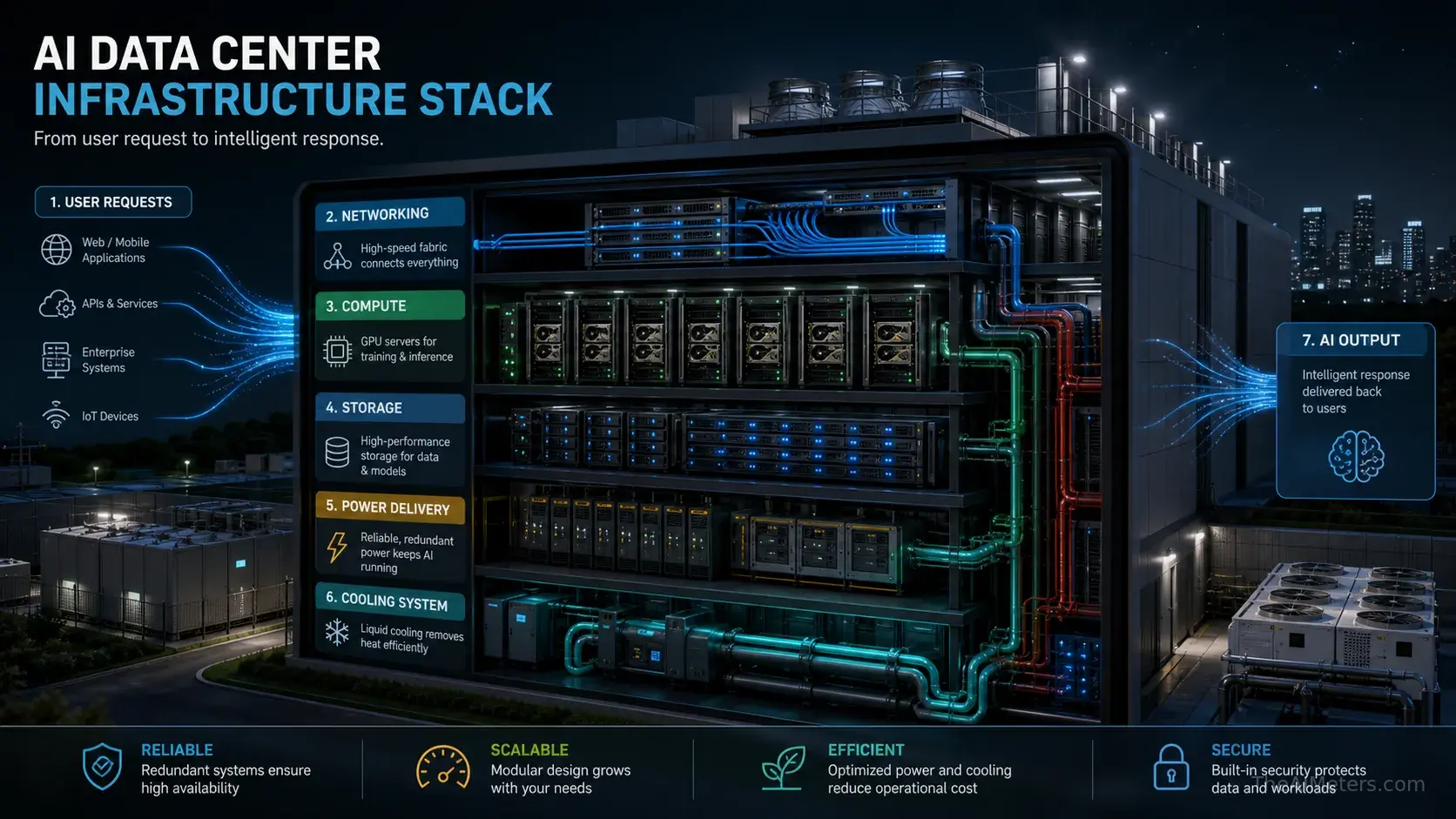 Cutaway illustration of an AI data center with GPU servers, networking, storage, cooling and power delivery